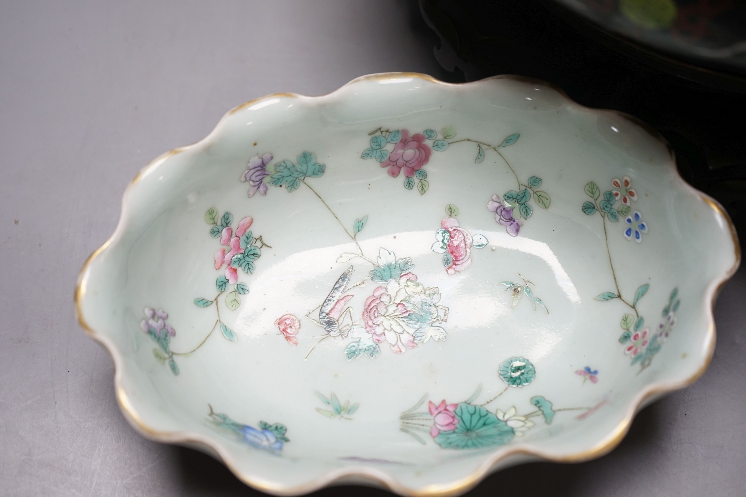 A large early 20th century Chinese cloisonné enamel ‘dragon’ bowl and two Chinese Tongzhi celadon ground famille rose bowls 31cm